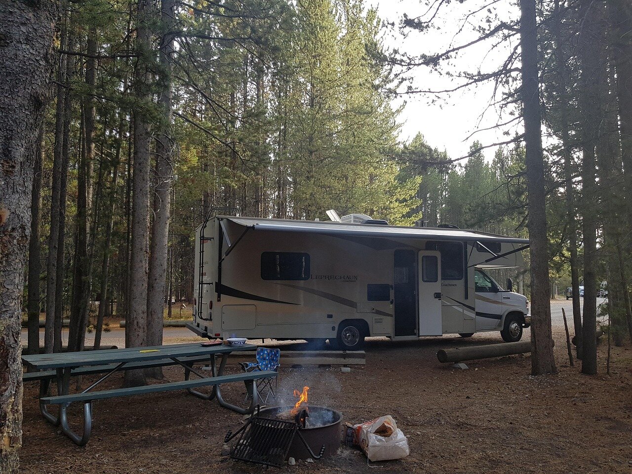 Motorhome at a forest campsite